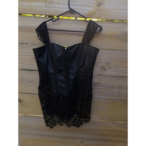 SHEIN Tops - Black Faux Leather Lace Corset Top Gothic Steampunk 3XL Zip Back Lace-Up Front
